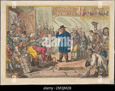 An old English gentleman pester'd by servants wanting places , Kings, Politicians, Nobility, Authors, Military officers, Erskine, Thomas Erskine, Baron, 1750-1823, Grenville, William Wyndham Grenville, Baron, 1759-1834, Buckingham, George Nugent Temple Grenville, Marquess of, 1753-1813, Ponsonby, George, 1755-1817, Portland, William Henry Cavendish-Bentinck, Duke of, 1738-1809, Sheridan, Richard Brinsley, 1751-1816, Buckingham and Chandos, Richard Temple Nugent Brydges Chandos, Duke of, 1776-1839, Canning, George, 1770-1827, Cobbett, William, 1763-1835, Grattan, Henry, 1746-1820, Lansdowne, He Stock Photo