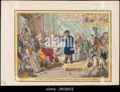 An old English gentleman pester'd by servants wanting places , Kings, Politicians, Nobility, Authors, Military officers, Erskine, Thomas Erskine, Baron, 1750-1823, Grenville, William Wyndham Grenville, Baron, 1759-1834, Buckingham, George Nugent Temple Grenville, Marquess of, 1753-1813, Ponsonby, George, 1755-1817, Portland, William Henry Cavendish-Bentinck, Duke of, 1738-1809, Sheridan, Richard Brinsley, 1751-1816, Buckingham and Chandos, Richard Temple Nugent Brydges Chandos, Duke of, 1776-1839, Canning, George, 1770-1827, Cobbett, William, 1763-1835, Grattan, Henry, 1746-1820, Lansdowne, He Stock Photo