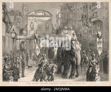 Elephants are part of the Lord  Mayor of London's 1876  procession : they are shown  passing beneath Temple Bar,  Fleet Street      Date: 1876 Stock Photo