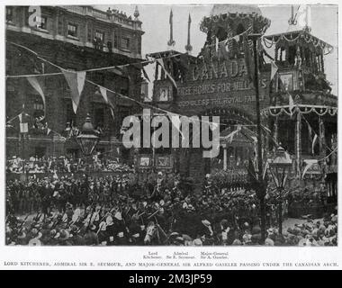 Lord Kitchener, Admiral Sir E Seymour and Major-General Sir Alfred Gaselee passing under the Canadian Arch. Stock Photo