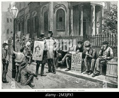 Sandwich-men, some wearing advertising placards having a break in the Strand, London.     Date: 1884 Stock Photo