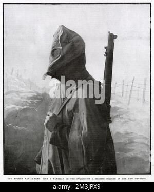 A British soldier wearing a new gas mask. Following the German use of poisonous gas at Ypres on 22nd April 1915, it became a common feature of World War I warfare, necessitating the wearing of gas masks among soldiers on both sides. Stock Photo