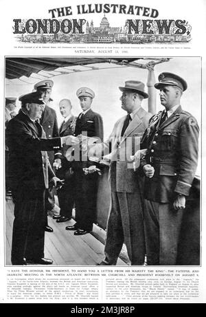 Prime Minister Winston Churchill (1874 - 1965), shakes hands with President Franklin D. Roosevelt (1882 - 1945) of the USA on board HMS Prince of Wales.     Date: 1941