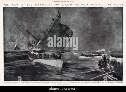 The last of the Leviathan: the Titanic plunging beneath the waves. Mr Beesley, one of the survivors, described the final scene: 'in the distance the Titanic looked enormous...she slowly tilted straight on end with the stern vertically upwards. As she did so the lights in the cabins and the saloons, which had not flickered for a moment died out, flashed once more, and then went out altogether.' Stock Photo