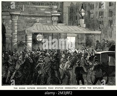 People running in panic from Edgware Road Station moments after an explosion on the underground service on 30 October 1883. Two explosions took place, one on a train near Paddington (Praed Street) and another in a tunnel between Charing Cross and Westminster. The wounded were taken to St Mary's Hospital, Paddington, to be treated.     Date: 1883 Stock Photo