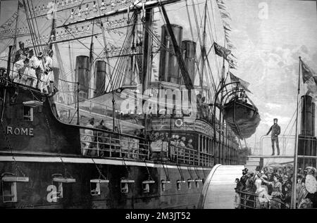 Malays manning the yards of the P &amp; O steam-ship 'Rome' at the Royal Albert Dock in London.  1886 Stock Photo