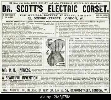 Advertisement from 1886 for Dr. Scott's Electric Corset, considered a 'great boon for the delicate' and able to cure all manner of ailments including palpitation, nervousness, hysteria, extreme obesity and 'internal weakness'.  Electropathic cures were popular during the late 19th century.  Dr. Scott also manufactured an electric hairbrush claiming to have similar curative effects.  1886 Stock Photo