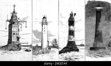 The four Eddystone Lighthouses. From left to right: the first lighthouse (1699) built by Henry Winstanley; the second lighthouse (1708) built by John Rudyerd; the third lighthouse (1759) built by John Smeaton; the fourth lighthouse, by Sir James Douglass in 1882.  1879 Stock Photo