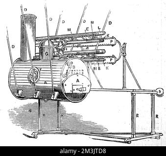 Hydro-electric machine invented by William George Armstrong (1810-1900), later Baron Armstrong of Bamburgh and Cragside, in the 1840's. Originally training as a solicitor, Armstrong was fascinated by mechanics and demonstrated this particular machine at the Literary and Philosophical Society of Newcastle-upon-Tyne to an audience which included famous engineers such as Faraday and Whitworth. The invention utilised high pressure steam issuing through nozzles in the boiler.  1845 Stock Photo