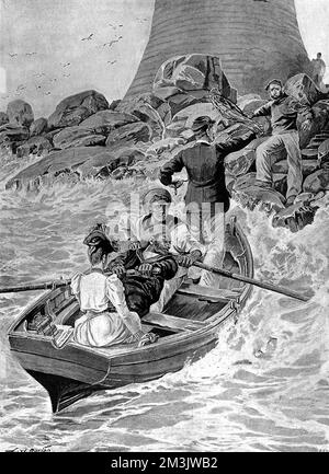 The arrival of visitors, by boat, at a lighthouse. As is shown in this picture, the most common way to reach offshore lighthouses in Victorian times was by landing small rowing boats on rough shores.  1895 Stock Photo