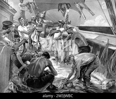 Crew of a large sailing ship washing their clothes. When a rainstorm approached, the crew took the opportunity to stop up the deck drains and thereby accumulate several inches of fresh water on the deck. When the rain had passed, they were able to use this 'paddling-pool' for washing. Stock Photo