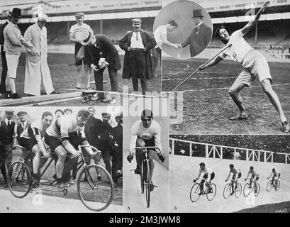 Series of photographs taken from the 1908 Olympic Games in London. 1. Weighing the javelins. 2. Swedish president congratulating the winner. 3. E. V. Lemming (Sweden), winner of Javelin Throwing, free style, 179ft, 10 1/2 inches. 4. H. Schilles and A. Auffray (France), winners of the 2000 metres cycle tandem race by a wheel in 3 min. 7 and 3/5 seconds. 5. V. L. Johnson (Great Britain), winner of the 660 yards. 6. Final of the 660 Yards race.  1908 Stock Photo