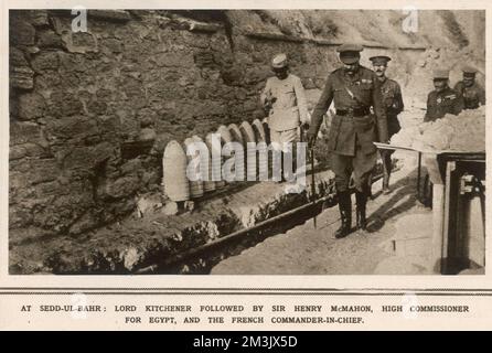 Lord Kitchener (1850 - 1916), inspecting Allied positions at Sedd el-Bahr on the southern tip of the Gallipoli peninsula in the eastern Mediterranean sea. He is accompanied by Sir Henry McMahon, High Commissioner for Egypt.     Date: 1916 Stock Photo