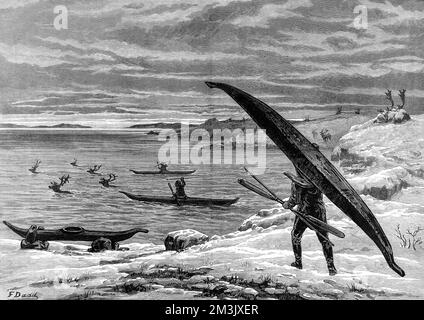 A hunting party of the American Franklin Search Expedition of 1878-1880, using kayaks to hunt reindeer. This expedition was one of many to search the Arctic for signs of Sir John Franklin's ill-fated Arctic expedition of 1845.  In 1845 the British Admiralty sent two polar exploration ships, HMS 'Erebus' and HMS 'Terror', to look for the Northwest passage round the northern coast of Canada. The expedition, commanded by Sir John Franklin, disappeared from view late in 1845 and none of the men were ever seen again.   In fact the ships made it to the King William Island region, then got stuck in t Stock Photo