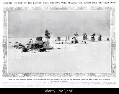 The sledge team of the Amundsen Antarctic Expedition camping on the Level Barrier, on their way to the South Pole, 1911.   In December of 1911, Roald Amundsen and four others became the first explorers to reach the South Pole.  In the foreground one can see the team's dogs and sledges and in the background, the men and their tent. Stock Photo