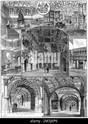 Interior of the (then) new Victoria Law Courts, Birmingham, 1891.   The images are, clockwise from top left: the Civil Court; the Library; Fireplace in the library; the Main Corridor; the Main Corridor; the Judge's Room, Civil Court. The centre scene shows the Great Hall.     Date: 1891 Stock Photo