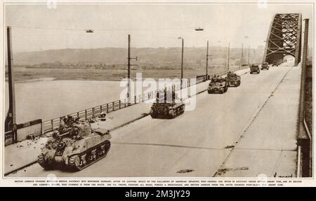 The Sherman tanks of the British 30 Corps crossing Nijmegen Bridge, as part of Operation 'Market Garden', September 1944.  On 17th September 1944 Operation 'Market Garden' was put into action; a bold plan devised by Field-Marshal Montgomery to drop thousands of airborne troops into Holland to capture an invasion route into Germany. The British First Airborne, American 81st and 101st Divisions took part in the plan, which was ultimately unsuccessful. Stock Photo