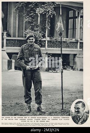 Major-General R.E. Urquhart, Commander of the British First Airborne Division, standing outside his headquarters near Arnhem, the Hartenstein Hotel, September 1944.   On 17th September 1944 Operation 'Market Garden' was put into action; a bold plan devised by Field-Marshal Montgomery to drop thousands of airborne troops into Holland to capture an invasion route into Germany. The British First Airborne, American 81st and 101st Divisions took part in the plan, which was ultimately unsuccessful. Stock Photo