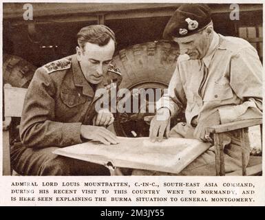 Photograph showing Admiral Lord Louis Mountbatten (1900 - 1979), then Commander-in-Chief of the South-East Asia Command, talking with General Montgomery (1887 - 1976) in Normandy, France.  The photograph shows Mountbatten explaining the Allied situation in Burma to Montgomery. Stock Photo