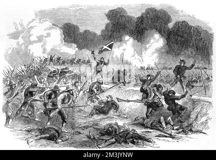 Engraving showing the Texans of Longstreet's Corps retaking the outer line of entrenchments, on the south side of the James River, from the Unionist army.     Date: 1864 Stock Photo