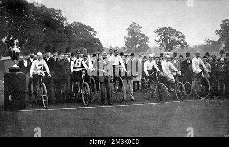 The Cyclists participating in the 24 hour Bicycle race at Herne Hill velodrome, on the 22nd July 1892, shortly before the start. The race was won by F.W. Shorland (centre background in image) who rode a 'geared ordinary' (or 'penny farthing') to achieve a distance of 413 miles. J.M. James (on the right of the image, no. 3) came second with a distance of 407 miles. Stock Photo