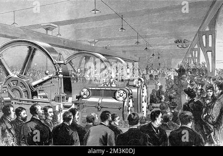 Marquis of Salisbury (1830 - 1903), turning on the current at the generating station, Bramley-Moore Dock, Liverpool, 4th February 1893.   In the foreground of the engraving can be seen the four horizontal compound steam-engines, which powered the 4 Elwell-Parker dynamos that provided the current for the railway.  The Liverpool Docks Overhead Electric Railway provided a passenger service running for seven miles through Liverpool's docks. Stock Photo