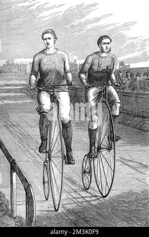 Two competitors on 'Penny Farthing' or 'Ordinary' bicycles in the 25 mile Race for the Amateur Bicycle Championship at the Lillie Bridge Velodrome, London.  1875 Stock Photo