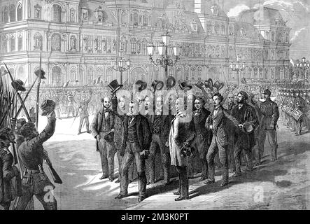 The Provisional Government reviewing the National Guard during the Franco-Prussian War of 1870-1.   The Provisional Government of National Defence was set up after the French defeat at Sedan. It was headed by General Trochu, Leon Gambetta and Jules Favre. This image was sent to the Illustrated London News by balloon post from besieged Paris. Stock Photo