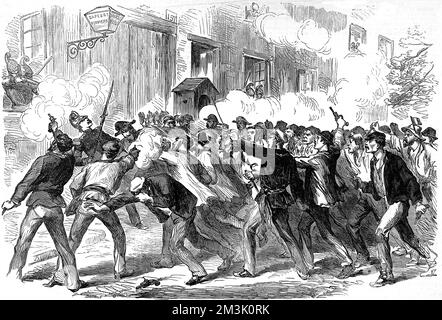 'Red Republican Conspirators' attacking the Fireman's Station at Belleville, Paris. Socialist agitators were already a force in Paris and tried to proclaim a new republic, Commune, in October 1870.   The Commune actually took charge in Paris between 26th March and 21st May 1871, after the end of Franco-Prussian War, but were then brutally suppressed by the National Guard. Stock Photo