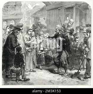 Street scene with a crowd of Elderly men, women and children, some in traditional french dress. After the French surrender at Metz under Bazaine, all of France except Paris is in Prussian hands.     Date: 1871 Stock Photo