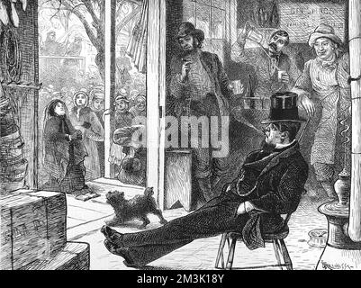 Engraving showing a group of American men in a whisky saloon as, outside, members of the Women's Crusade, a temperance movement, lay siege to the venue, Ohio, 1874.     Date: 1874 Stock Photo