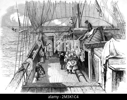 Passengers on the deck of an Emigrant Ship 1849 Stock Photo