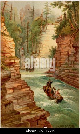 On the rapids, Au-sable Chasm , Canyons, Rivers, Boats, Rapids. Louis Prang & Company Collection Stock Photo