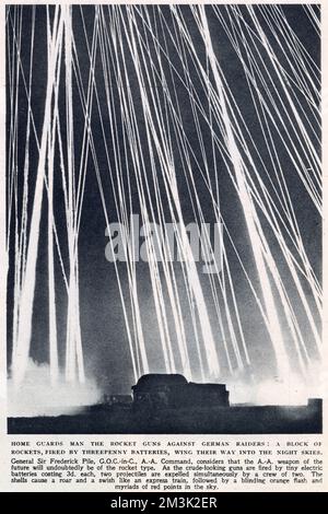 The firing of anti-aircraft rockets at night, by British Home Guard units against German raiders. Stock Photo