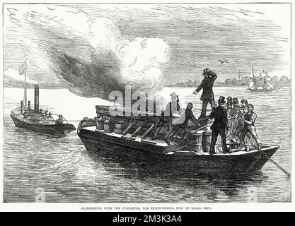 The trial of a fire extinguisher designed for boats, called a 'Pyroleter', on board a barge in the River Thames at Greenhithe. Stock Photo