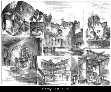 Number of views of 'old' Islington and Clerkenwell, 1884.   The views shown are (clockwise from top right): Canonbury Tower, Islington; Samuel Johnson's Room; Old Angel Inn, Islington; St John's Gate Banqueting Hall; St John's Gate Staircase; St John's Gate, Clerkenwell.  1884 Stock Photo