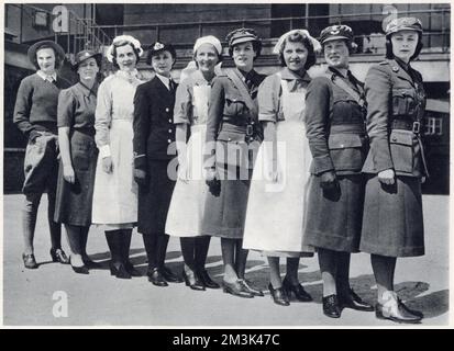 Nine female employees of Harrods in their war-time uniforms, each woman working for a different 'service'.   From left to right: Woman's Land Army, Women's Voluntary Services, St. John Ambulance Brigade, Women's Royal Emergency Naval Service, Red Cross, Auxiliary Territorial Service, Civil Nursing Reserve, Women's Auxiliary Air Force and the Mechanised Transport Corps. Stock Photo