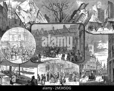Variety of scenes around London. The images show (clockwise from top left): St. Dunstan's, Thames Street; St. Bartholomew's, Smithfield; The Tree at the corner of Wood Street, Cheapside; an Islington corner, Canonbury; a corner in Lincoln's Inn Fields; St. Sepulchre's, Newgate and Snow Hill; Seven Dials; London Bridge; Bond Street. The image in the centre is of Gray's Inn Lane.  1881 Stock Photo