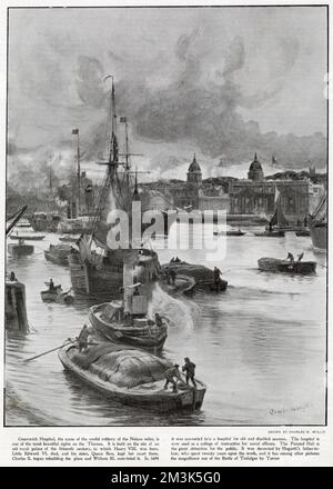 View across the River Thames, from the Isle of Dogs, looking towards the Greenwich Naval Hospital, London. Several lighters, a steam tug, a sailing barge and a large paddle-steamer are visible in the river. Stock Photo