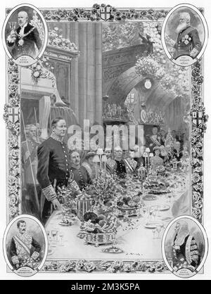 Richard Burton Haldane (1856 - 1928) (left), when Secretary of State for War, speaking at the inaugural banquet for the new Lord Mayor of London, Sir William Treloar, 9th November 1906.  The insets show (clockwise from top right): The Marquis of Ripon; Chief Justice Moulton; the Japanese Ambassador; Sir William Treloar, Lord Mayor of London.  1906 Stock Photo
