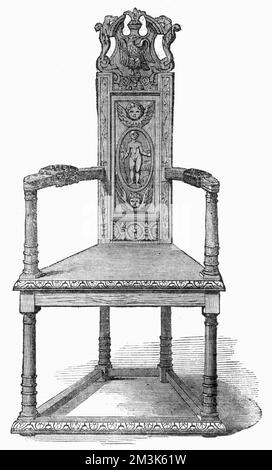 Alexander Pope's chair, pictured in 1862. Alexander Pope (1688 - 1744) was the English essayist, critic, satirist and poet of the Enlightenment period.     Date: 1862 Stock Photo