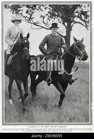 Mr Winston Churchill, First Lord of the Admiralty and Mrs Clementine Churchill on horseback.     Date: 1913 Stock Photo