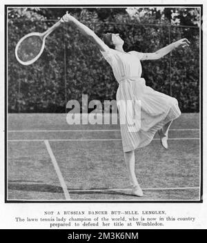 Suzanne Lenglen (1899 - 1938), French tennis player, preparing to defend her Wimbledon title in 1921. Lenglen dominated women's tennis during the early 1920s, winning the Wimbledon women's singles championship six times.     Date: 1921 Stock Photo