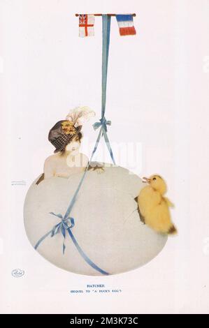 Illustration by Raphael Kirchner from 'The Kirchner Album', a portfolio of twelve colour prints issued by The Sketch during the World War One period.    Illustration depicts a young woman popping out of a suspended egg, smiling at a newly hatched chick emerging on the other side.  French and British flags are shown indicating the close bond of the Allies during the period.     Date: 1914-18 Stock Photo