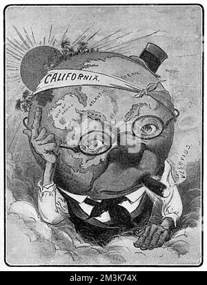 Cartoon showing a globe-headed American character nursing his bandaged head; a humorous look at the effects of the San Francisco earthquake on the American economy. Originally published in 'Judge', the well-known American paper. The earthquake occurred on the 18th April 1906 in San Francisco, California, USA which lies across the San Andreas Fault.  Measuring 7.9 on the richter scale, the earthquake and subsequent fires resulted in the loss of 3000 lives and over 300,000 homes.     Date: 6th June 1906 Stock Photo