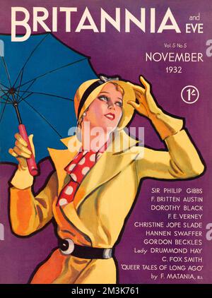 Front cover from Britannia and Eve magazine showing a lady clad in a raincoat and umbrella, appropriate for the November issue.  1932 Stock Photo