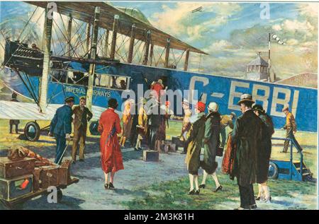 Off for Paris - The Start of an Imperial Airway Liner from Croydon Aerodrome, drawn for The Sphere by W. Bryce Hamilton.     Date: c. 1930