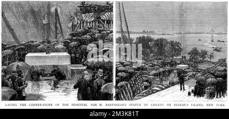 Laying the corner-stone of the pedestal for M. Bartholdi's Statue of Liberty on Bedloe's Island, New York, USA.     Date: 6th September 1884 Stock Photo