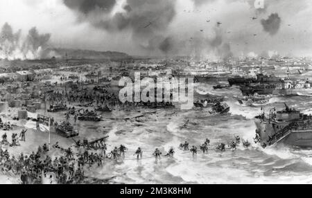 A depiction by C.E.Turner of a scene during the early morning of 6th June 1944 as British forces make an amphibious landing on one of the Normandy beaches during D-Day. The scene is a mass of men, landing craft, ships and all manner of tanks and other vehicles being offloaded onto the beach. To the lower left can be seen the important Beach Master (arm raised), issuing orders, sometimes conveyed by the morse code signaller behind him, his light powered by a pedalled dynamo.Though the artist was not present, his work was based on the eye-witness account of Commander Antony Kimmins of the Royal Stock Photo