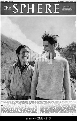 Sir Edmund Hillary with  Tenzing Norgay after their  successful attempt to scale  Mount Everest in Nepal on 29th   May 1953. The legendary  mountaineer died in January 2008     Date: 27th June 1953 Stock Photo